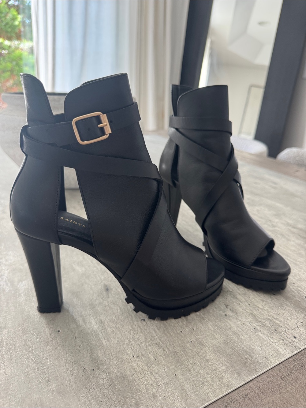AllSaints Black Strappy Peep-Toe High-Heel Booties with Buckle